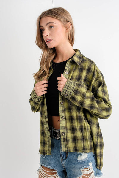 Button Down Yarn Dyed Mixed Contrast Plaid Frayed Bottom Shirt