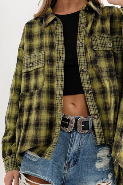 Button Down Yarn Dyed Mixed Contrast Plaid Frayed Bottom Shirt