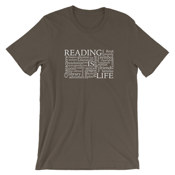Reading Is Life Most Commonly Written Words Group printed army color t-shirt