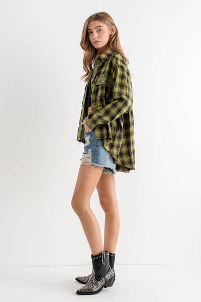 Button Down Yarn Dyed Mixed Contrast Plaid Frayed Bottom Shirt