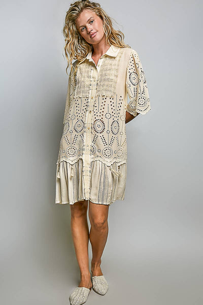 Lace Panel Eyelet Shirt Dress