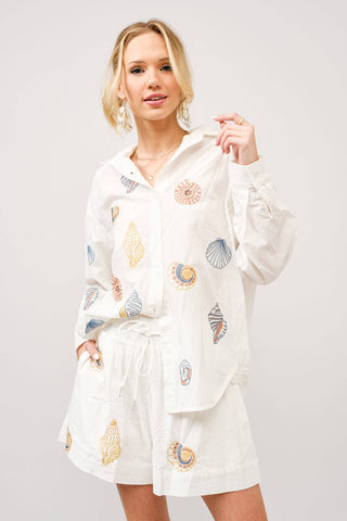 Seashell Embroidered Button-Up Shirt