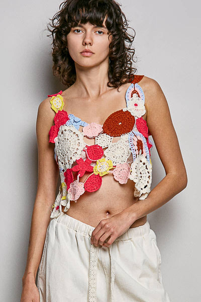 Hand Made Motif Weave Crochet Heart Neck Sleeveless Top