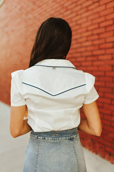 Ivory Jade Contrast Arrow Pearl Snap Puff Sleeve Top