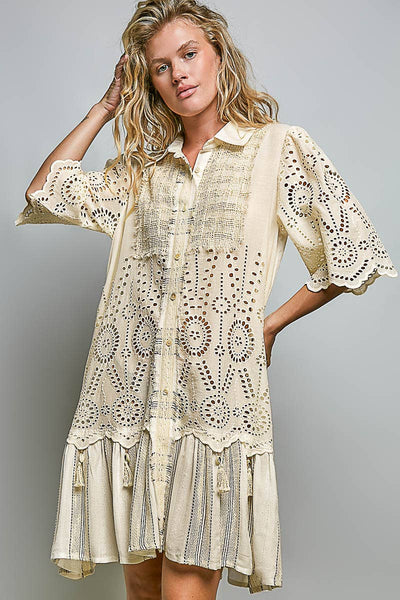 Lace Panel Eyelet Shirt Dress