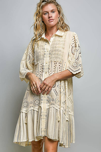 Lace Panel Eyelet Shirt Dress