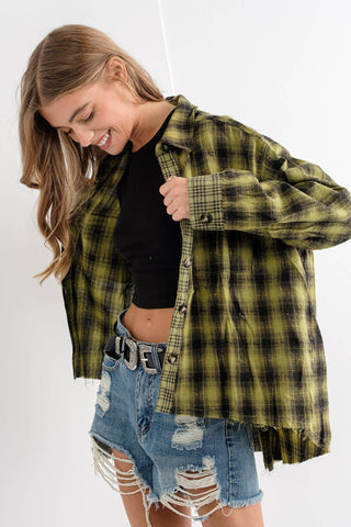 Button Down Yarn Dyed Mixed Contrast Plaid Frayed Bottom Shirt