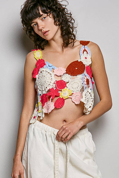 Hand Made Motif Weave Crochet Heart Neck Sleeveless Top