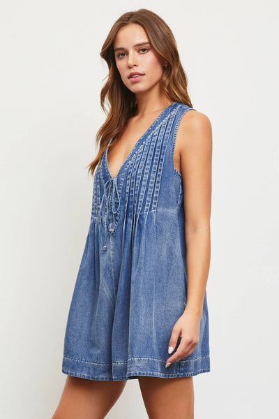 Pleat with Me Tie Denim Romper