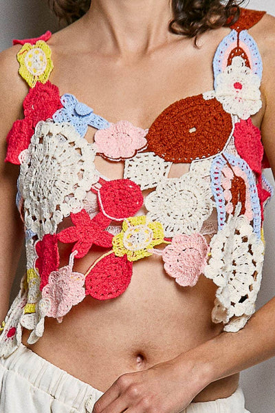 Hand Made Motif Weave Crochet Heart Neck Sleeveless Top