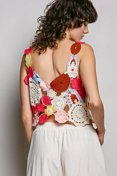 Hand Made Motif Weave Crochet Heart Neck Sleeveless Top