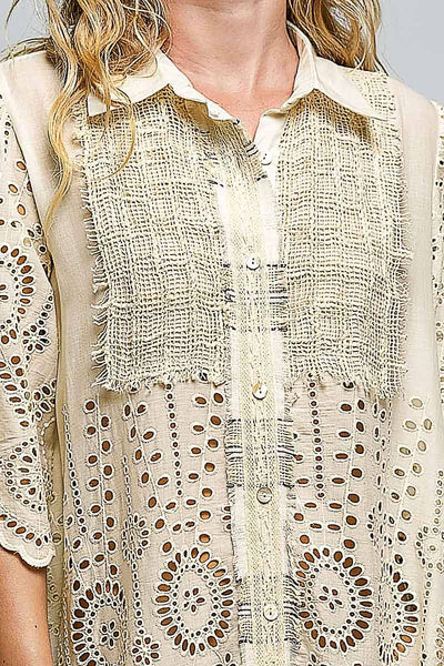 Lace Panel Eyelet Shirt Dress