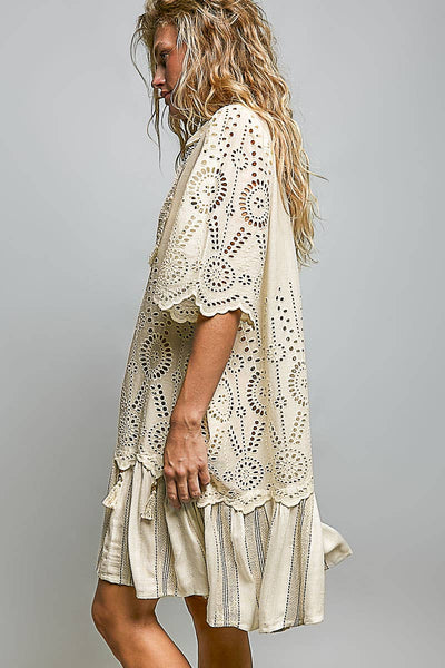 Lace Panel Eyelet Shirt Dress