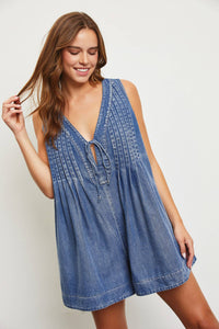 Pleat with Me Tie Denim Romper