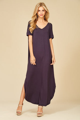 Love In Short Sleeve Relaxed Slit Long Maxi Dress with Pockets in Slate