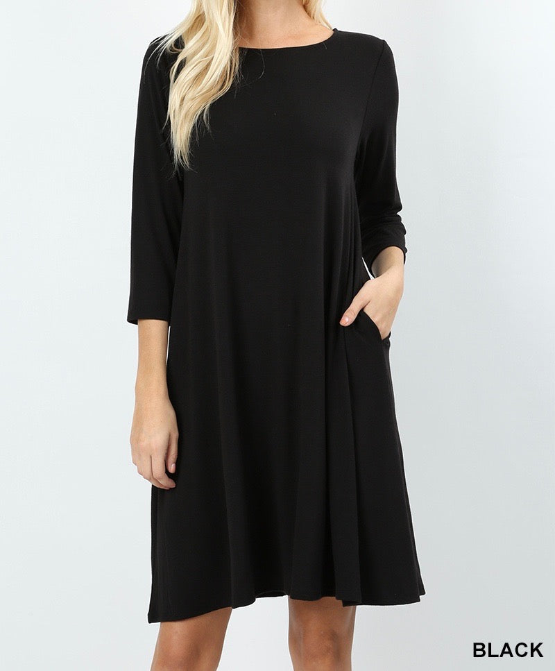 Knee Length Flare Dress in Black With Pockets Crop 3/4 Length Sleeves