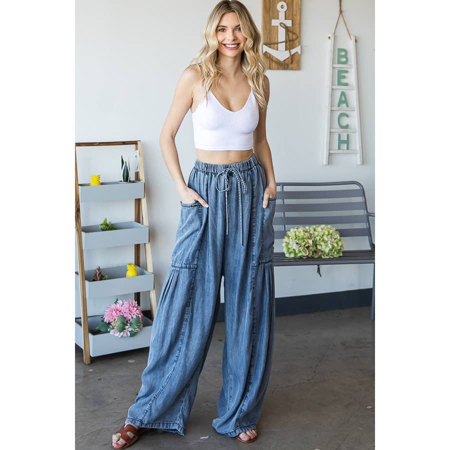 MINERAL WASHED TENCEL WIDE PANTS