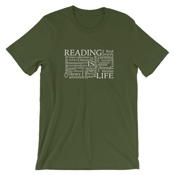 Reading Is Life Most Commonly Written Words Group printed olive color t-shirt