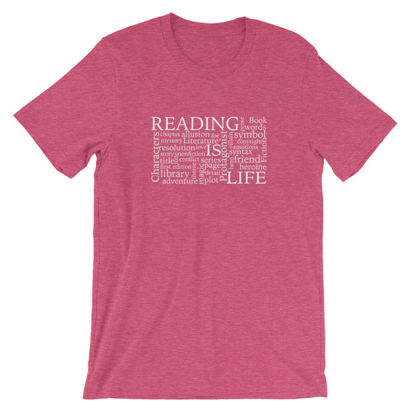 Reading Is Life Most Commonly Written Words Group printed heather raspberry t-shirt