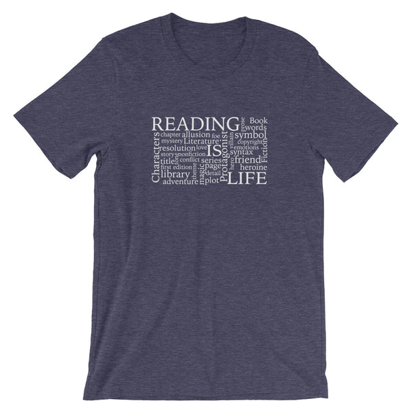 Reading Is Life Most Commonly Written Words Group printed color heather midnight navy t-shirt