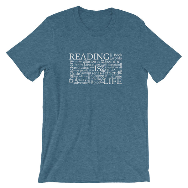 Reading Is Life Most Commonly Written Words Group printed color heather deep teal t-shirt