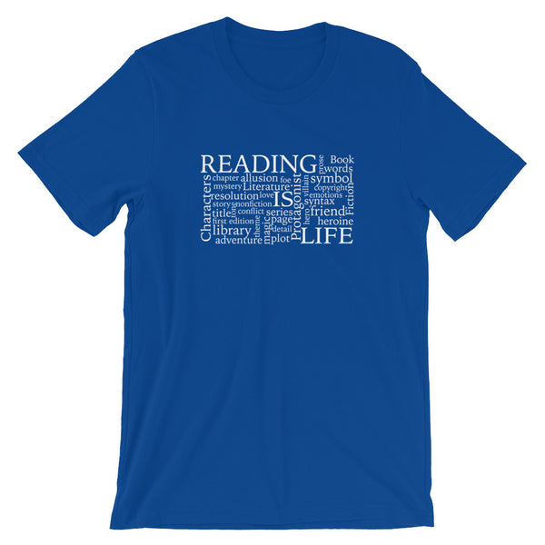Reading Is Life Most Commonly Written Words Group printed t-shirt color true royal blue