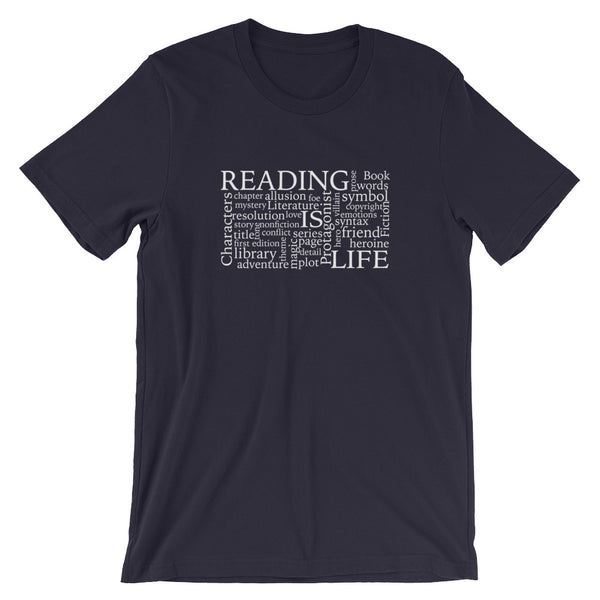 Reading Is Life Most Commonly Written Words Group printed t-shirt color navy