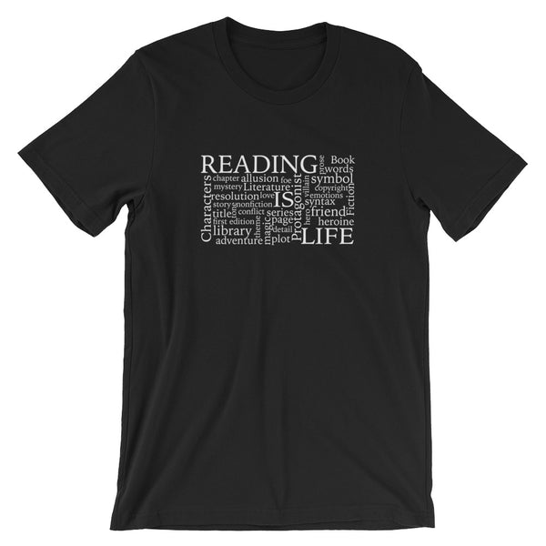 Reading Is Life Most Commonly Written Words Group printed black t-shirt